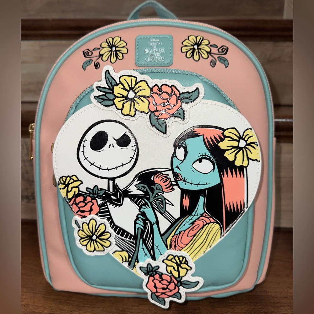 ✅ Cute 🥰 Disney Nightmare Before Christmas Jack & Sally Floral Mini Backpack 🎒
